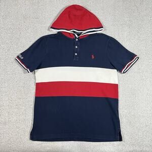 Polo Ralph Lauren Shirt Mens M Stripe Short Sleeve Hooded Pony Preppy